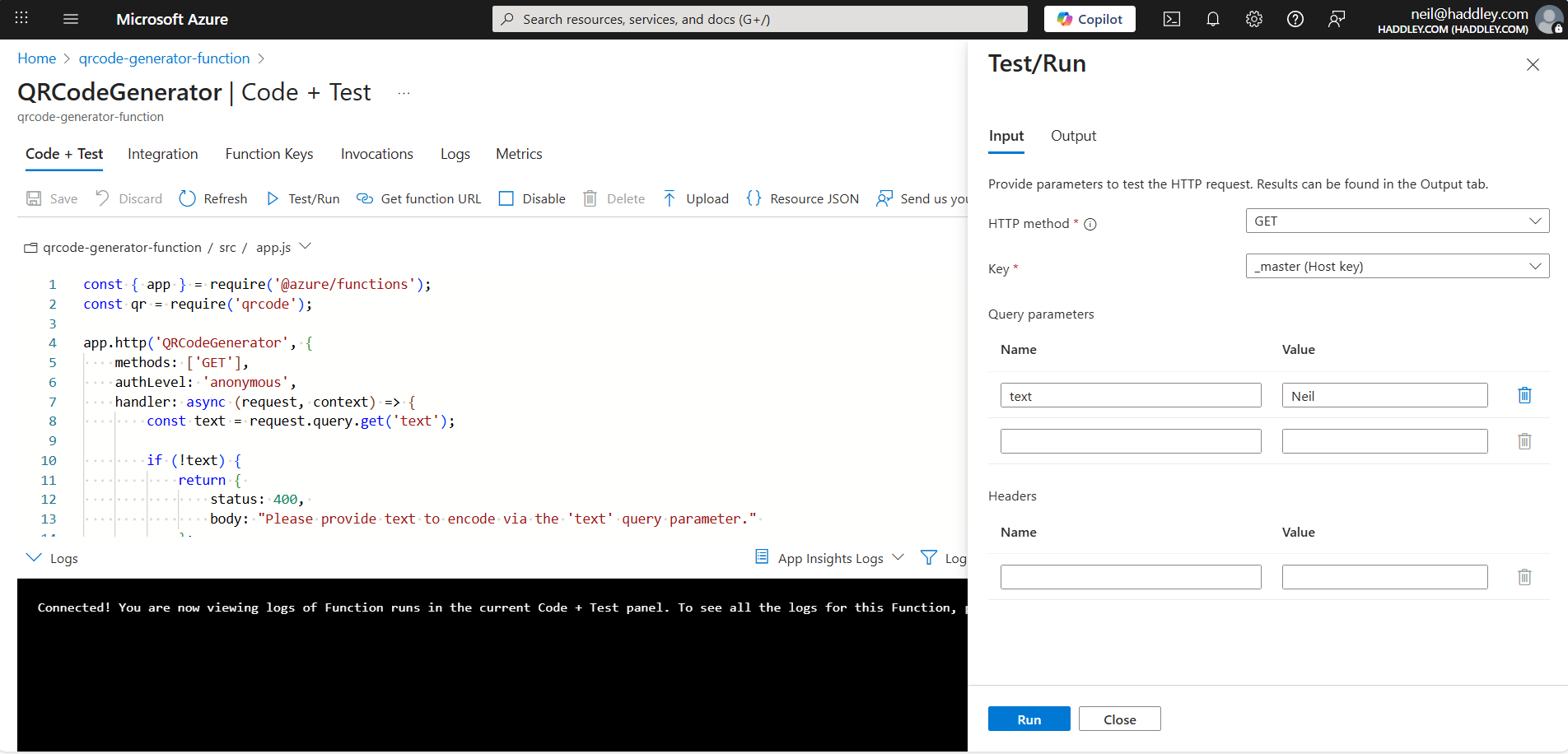 Testing the QRCodeGenerator function in the Azure portal